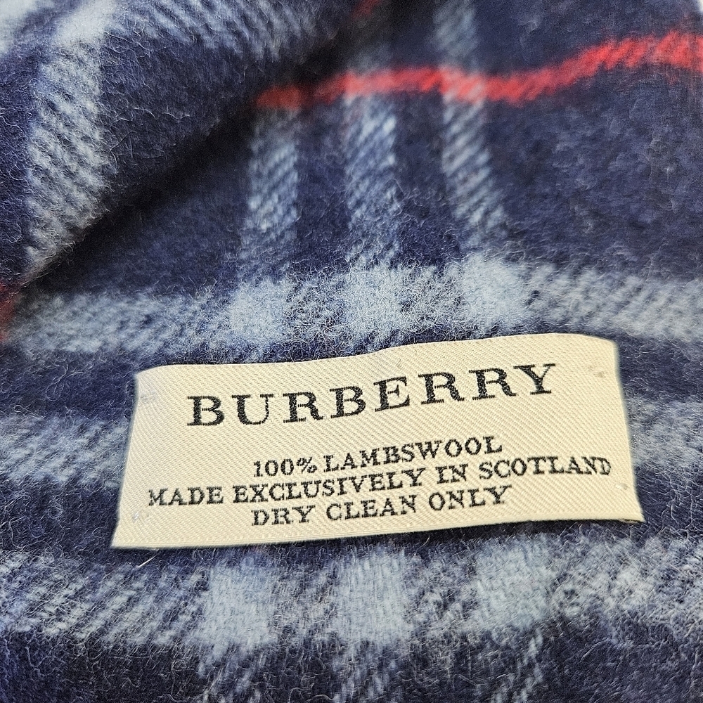 Burberry Navy Blue Plaid 100% Lambswool Wool Winter Fringe Scarf Unisex - Picture 4 of 5